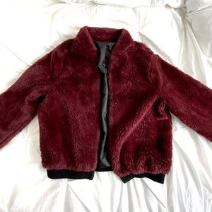 faux fur burgundy bomber jacket